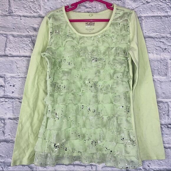 Justice ruffle front sequin shimmer top green sz10 - Picture 2 of 6